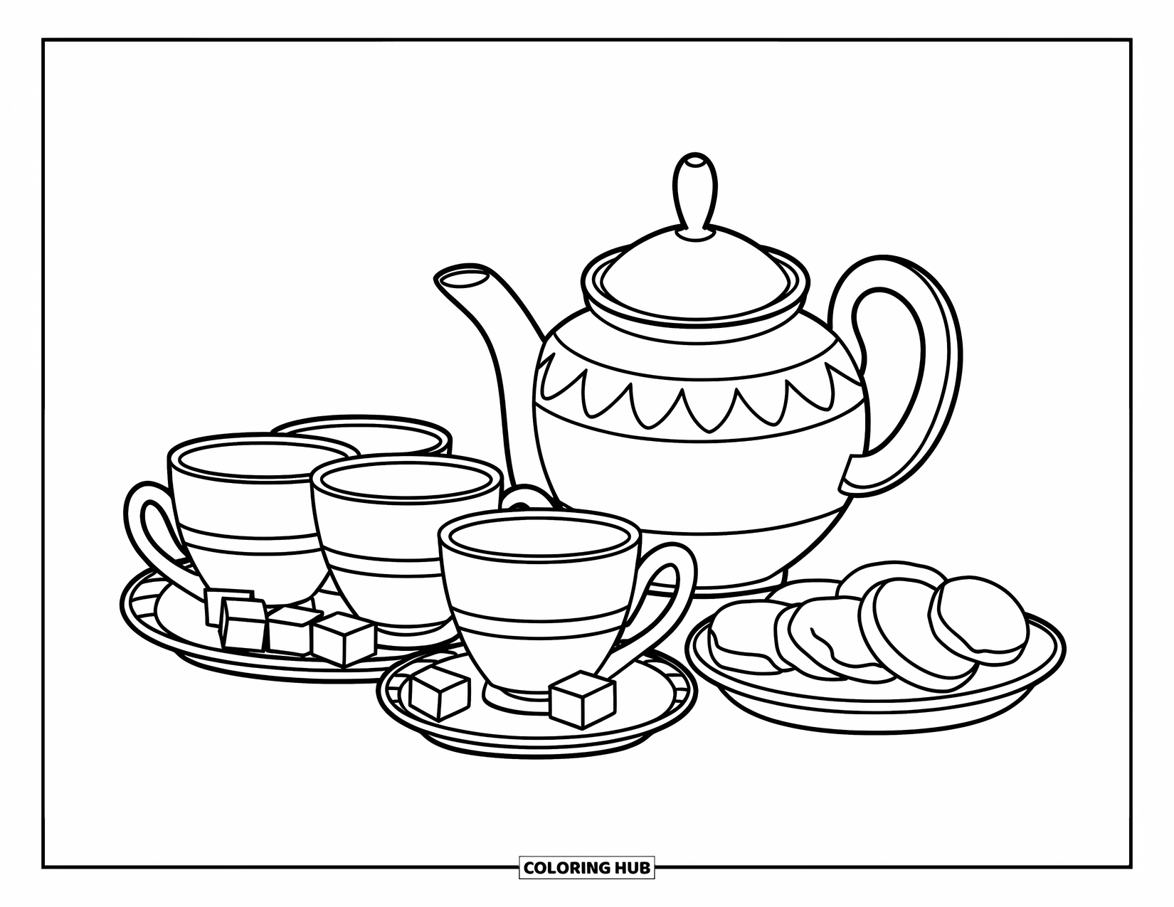 Tea Party Coloring Page for Kids: A tea set with a teapot, four cups, sugar cubes, and biscuits