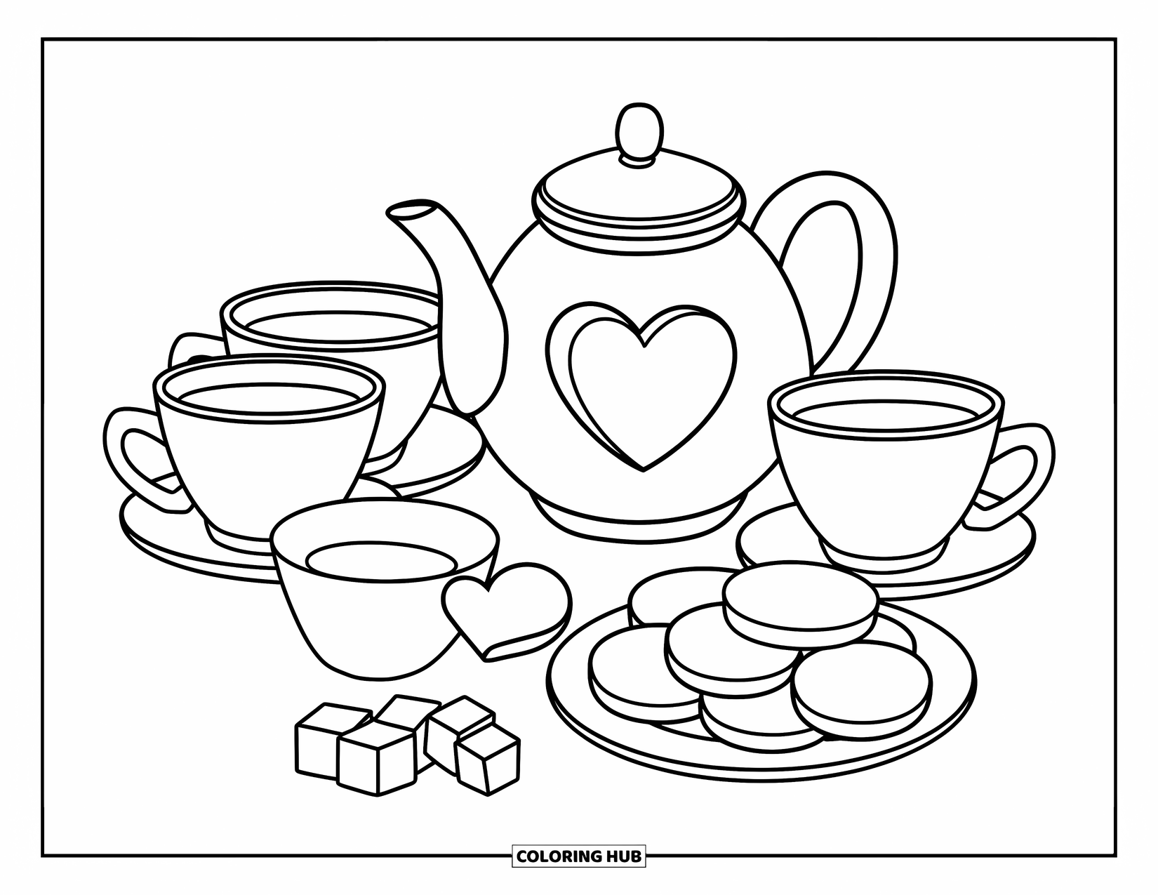 Tea Party Coloring Page for Kids: A tea set with heart details, sugar cubes, and a plate of biscuits