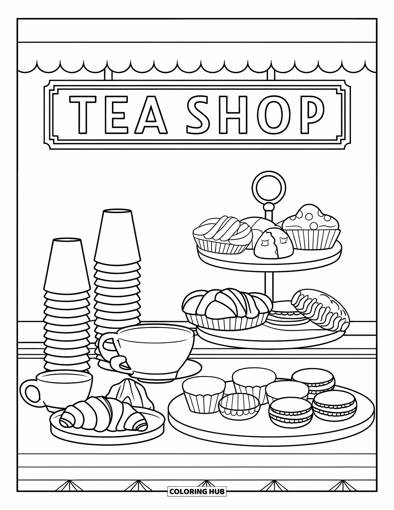 Tea Party Coloring Page for Kids: A tea shop counter with pastries, stacked cups, and a hanging sign
