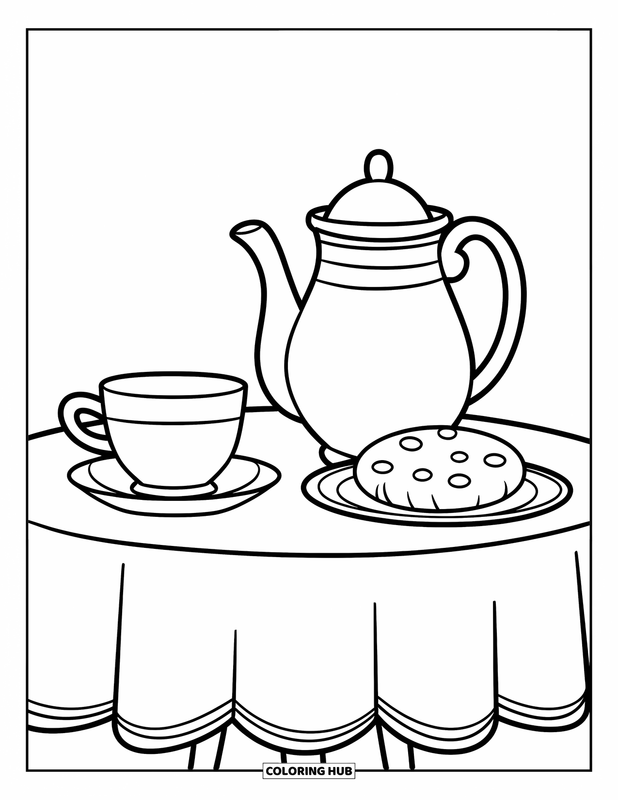 Tea Party Coloring Page for Kids: A teapot, cup, and cookie sit on a round table with a tablecloth