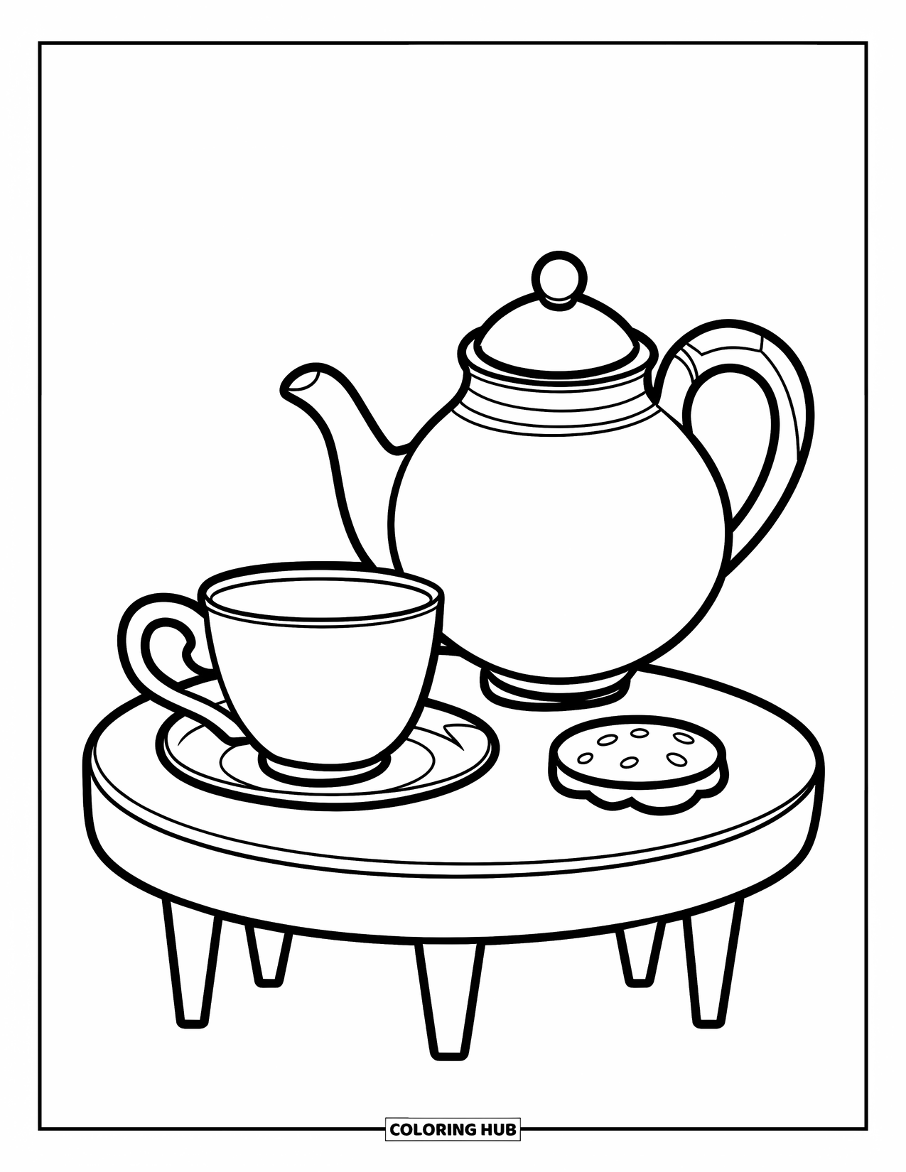 Tea Party Coloring Page for Kids: A teapot, cup, and cookie sit on a round wooden table