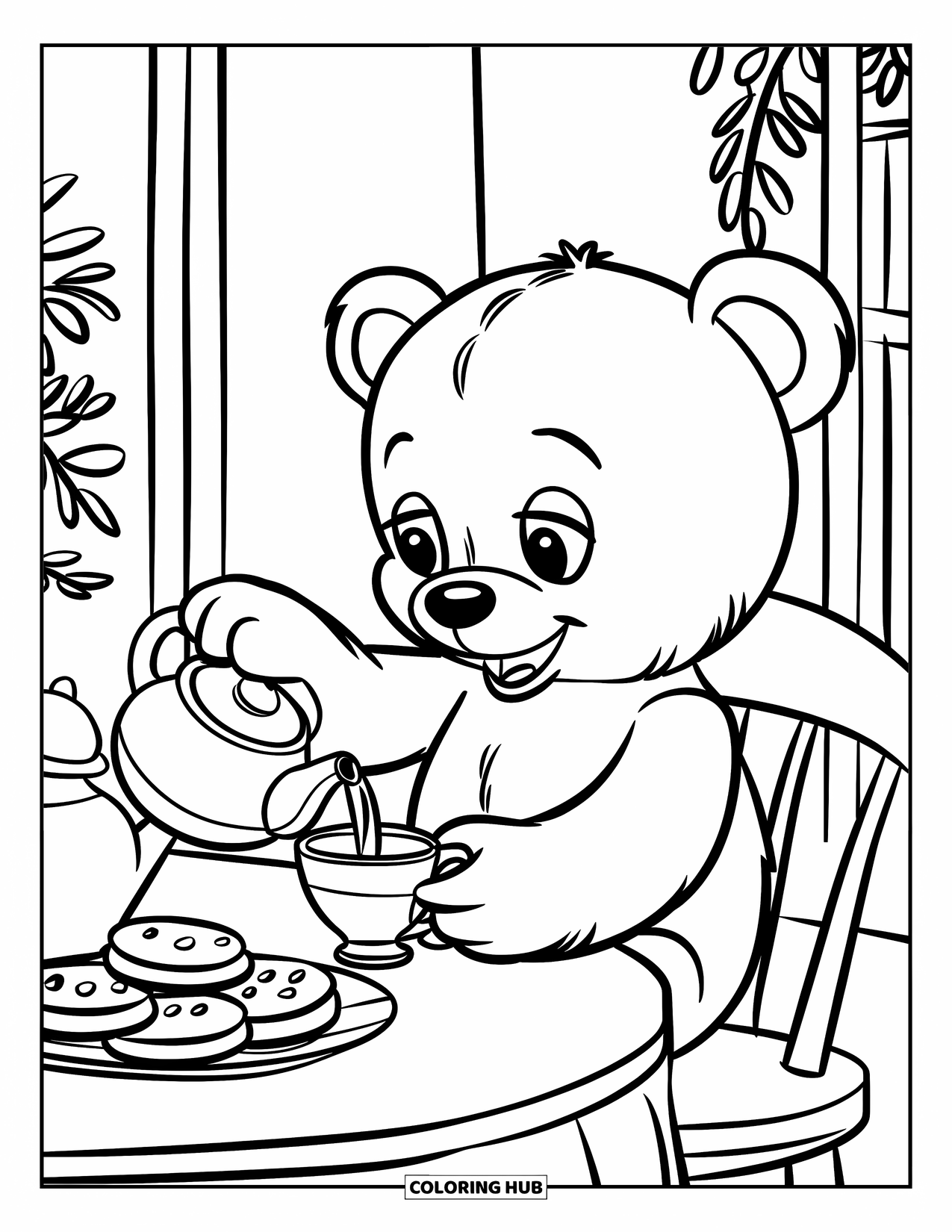 Tea Party Coloring Page for Kids: A teddy bear pours tea beside a plate of cookies on the table