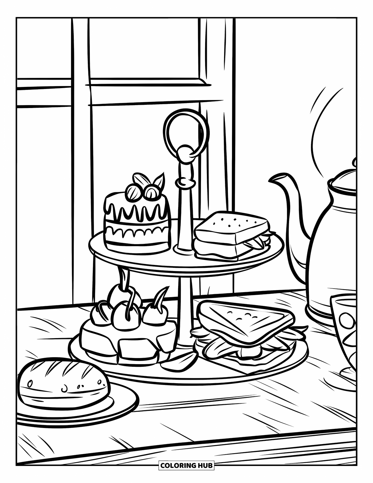 Tea Party Coloring Page for Kids: A tiered tray with cakes, sandwiches, a teapot, and a scone on the side