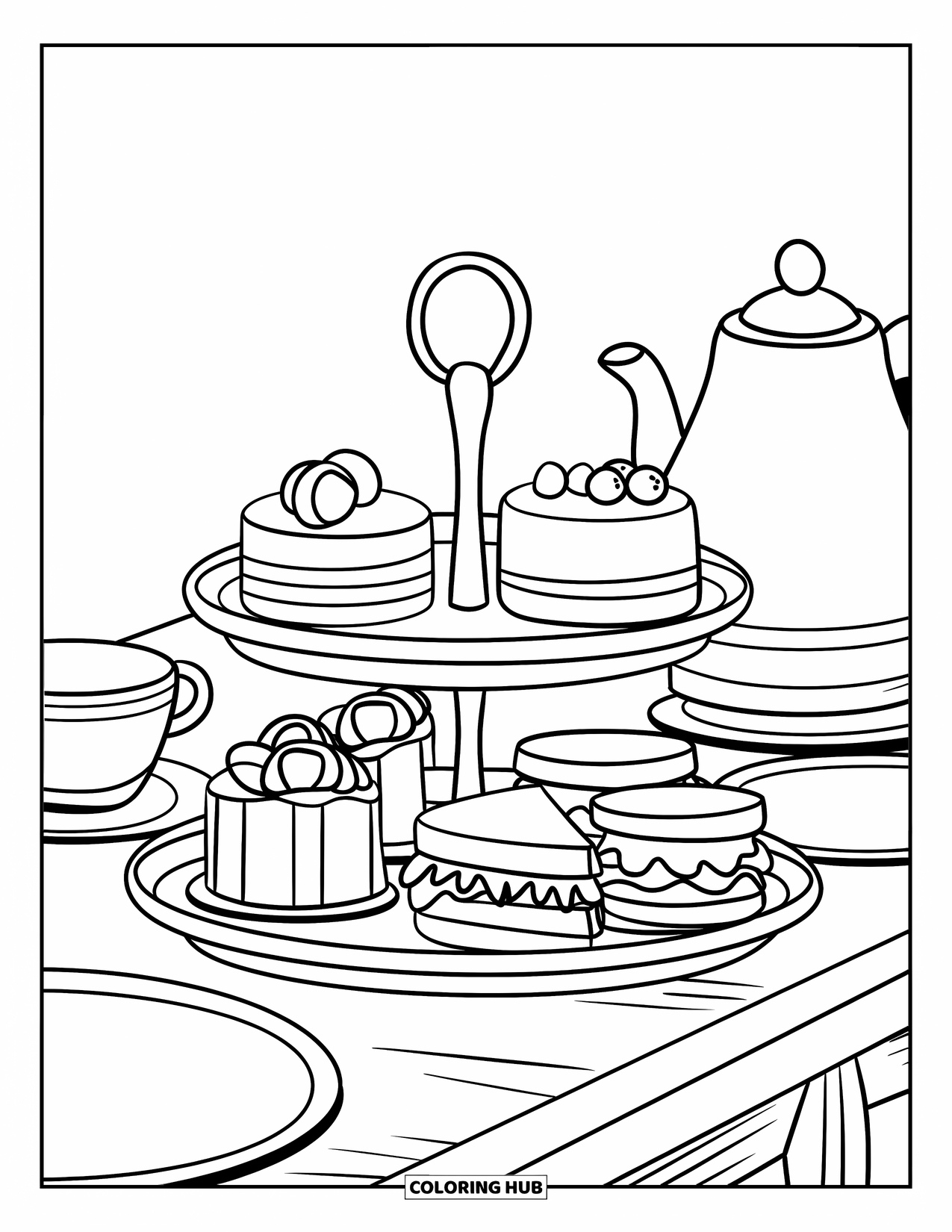 Tea Party Coloring Page for Kids: A tray of cakes, sandwiches, and tea set on a wooden table