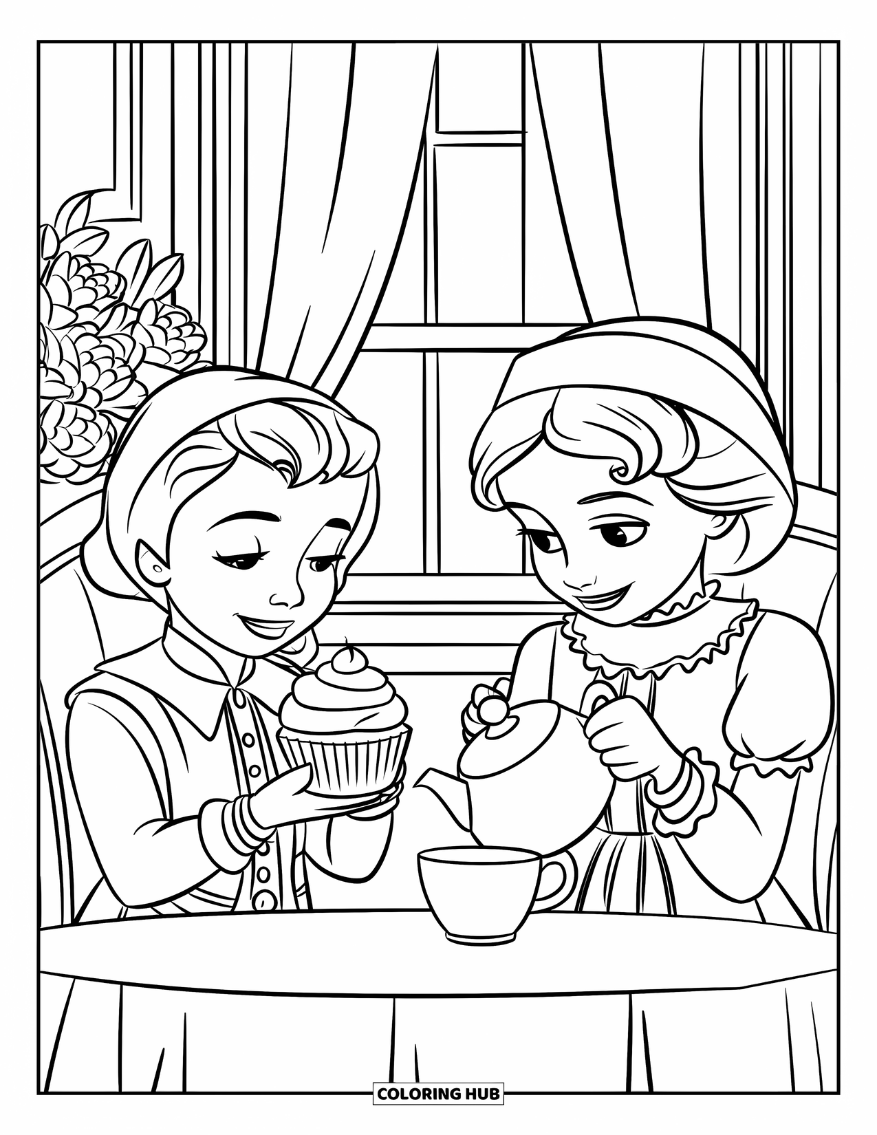 Tea Party Coloring Page for Kids: Two children in Victorian outfits share tea and cupcakes at a table