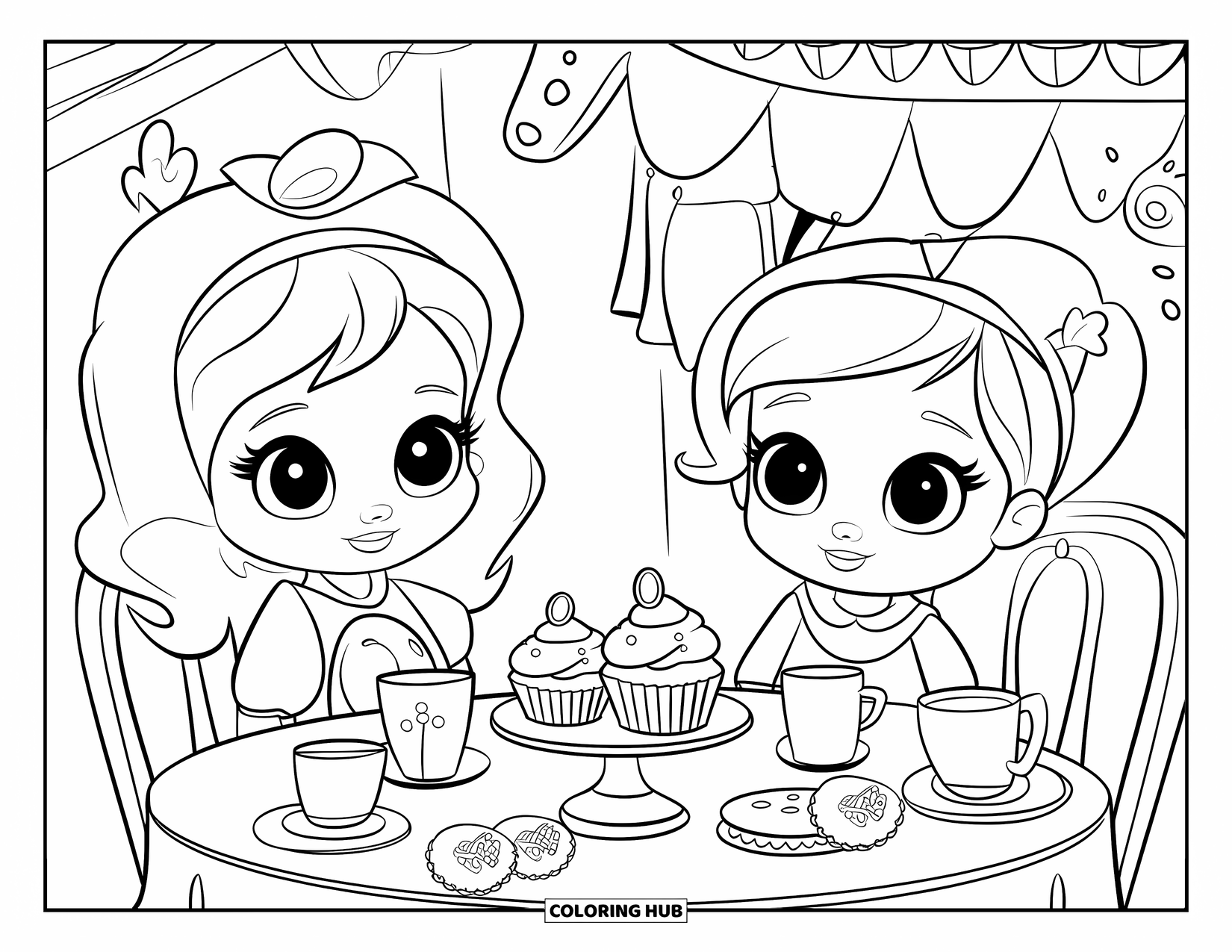 Tea Party Coloring Page for Kids: Two children with expressive eyes share tea, cupcakes, and cookies together