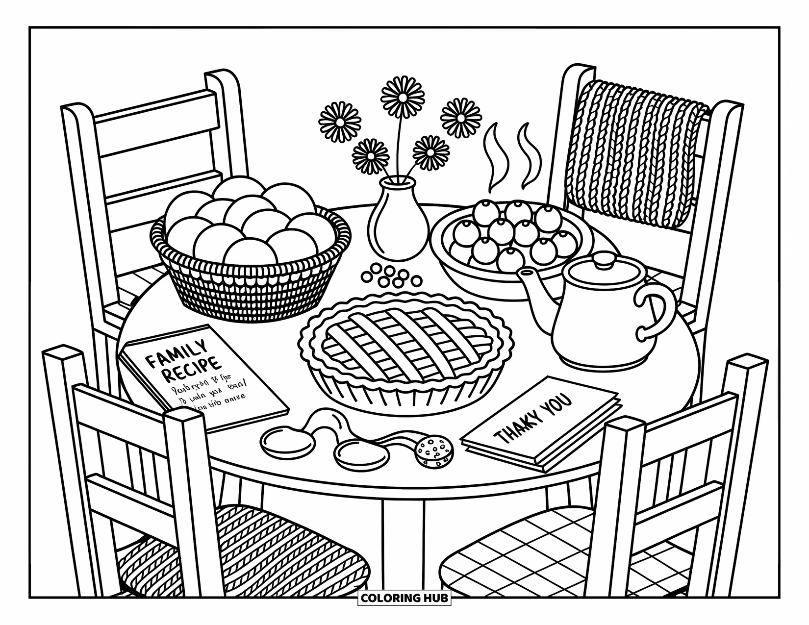 Thankful Coloring Page for Adults: A homey kitchen table with pie, tea, and a handwritten note of thanks