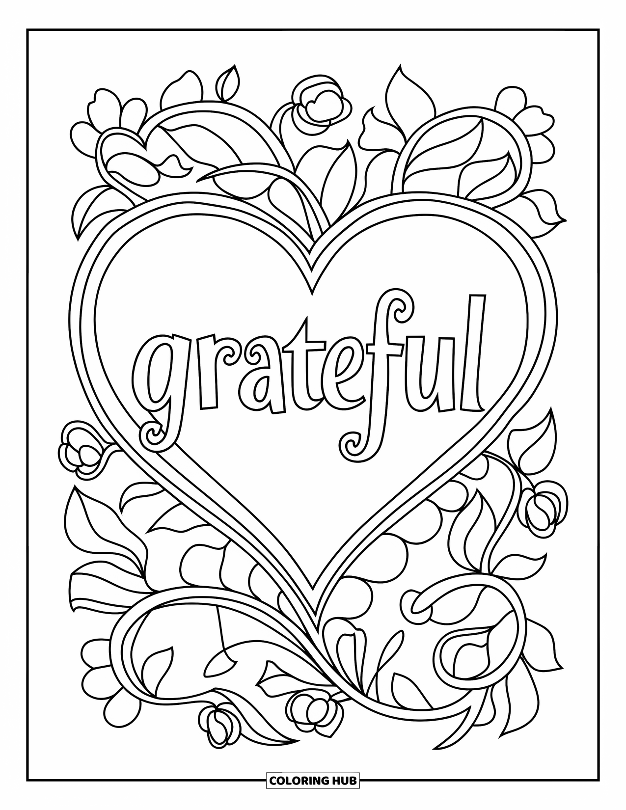 Thankful Coloring Page for Adults: A patterned heart and vines hold the word "Grateful" at the center