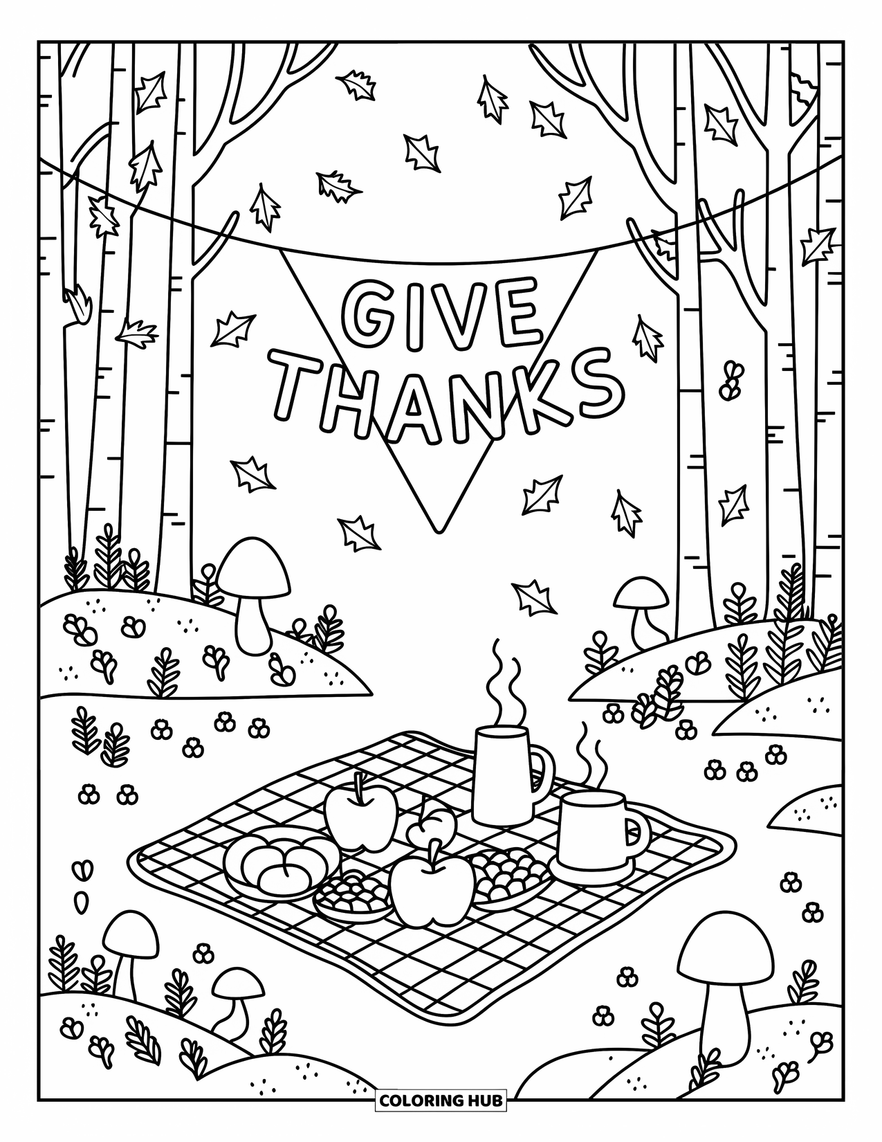 Thankful Coloring Page for Adults: A peaceful forest picnic with pie, bread, apples, and a "Give Thanks" banner