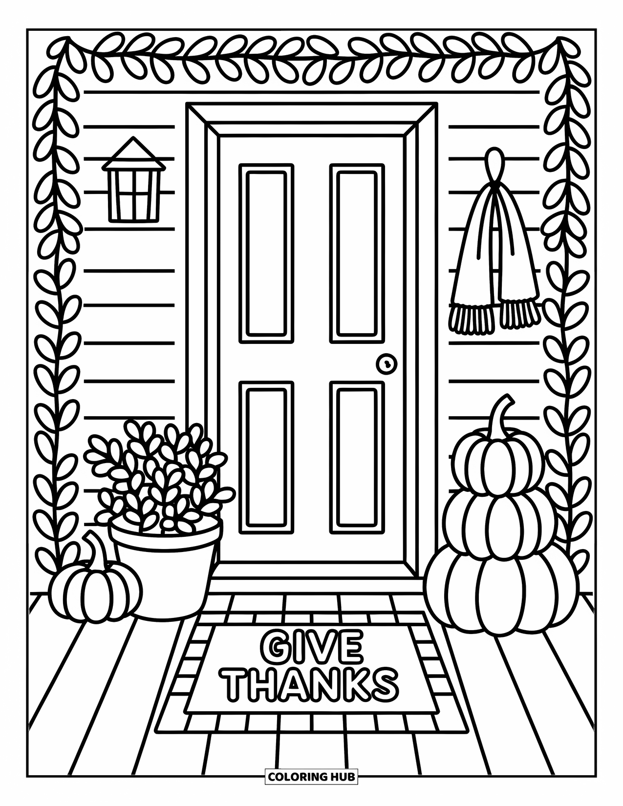 Thankful Coloring Page for Adults: A porch with leaves, lantern, and a "Give Thanks" mat feels calm and cozy