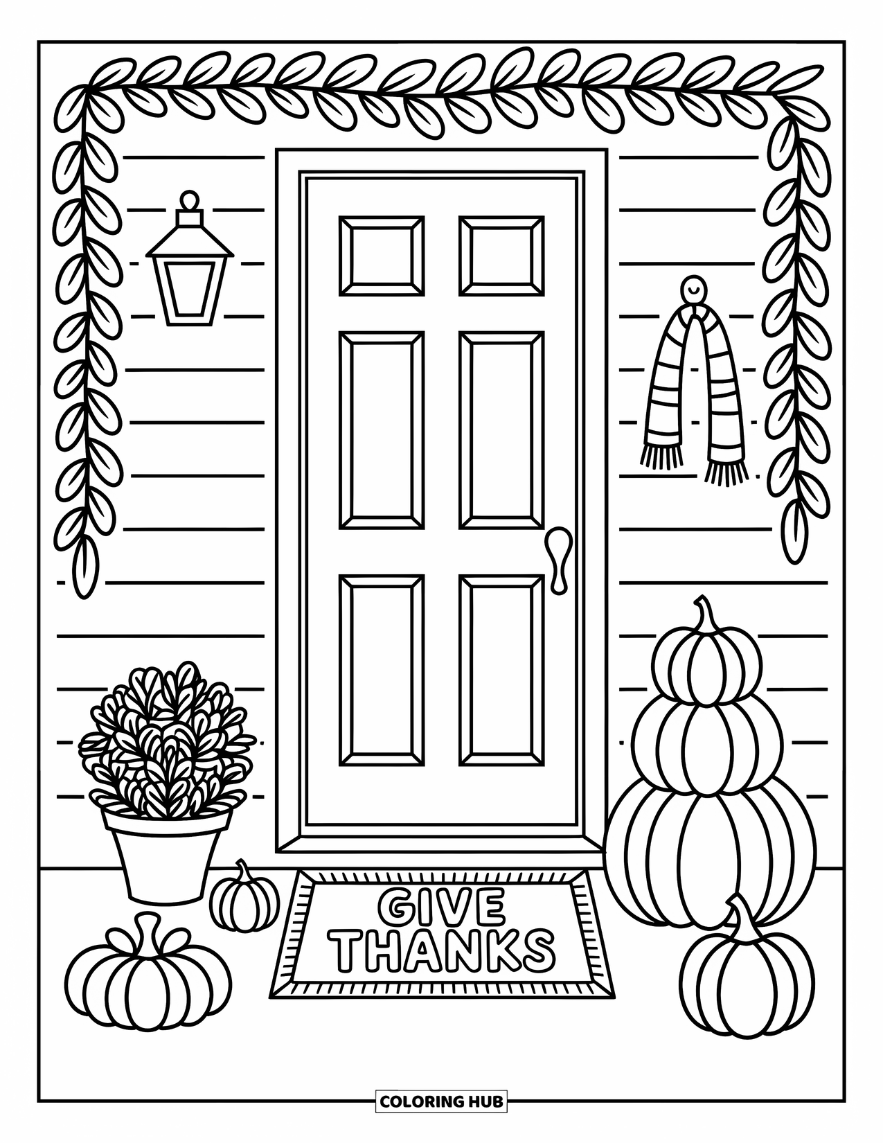 Thankful Coloring Page for Adults: A sweet front porch with pumpkins, potted plants, and a "Give Thanks" doormat