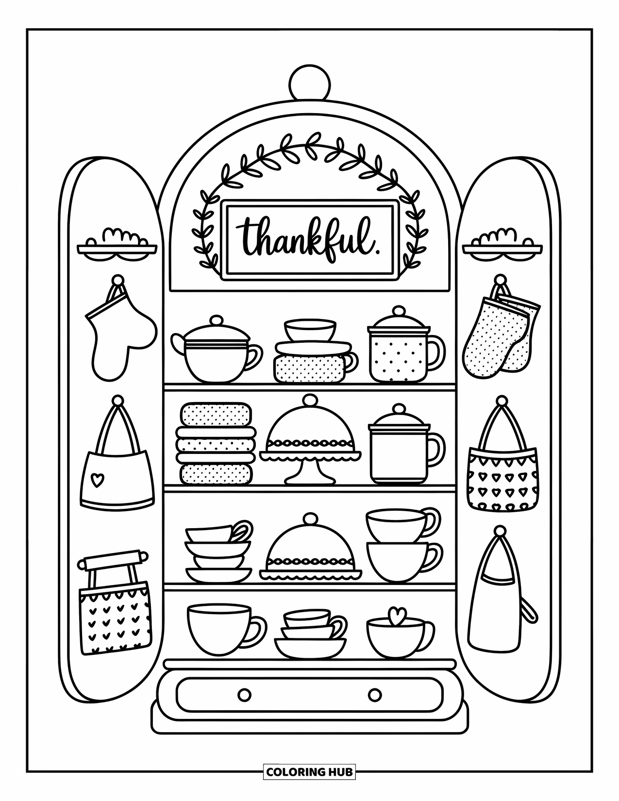 Thankful Coloring Page for Adults: A tall cupboard holds cookie jars, tea tins, and a framed "Thankful" sign