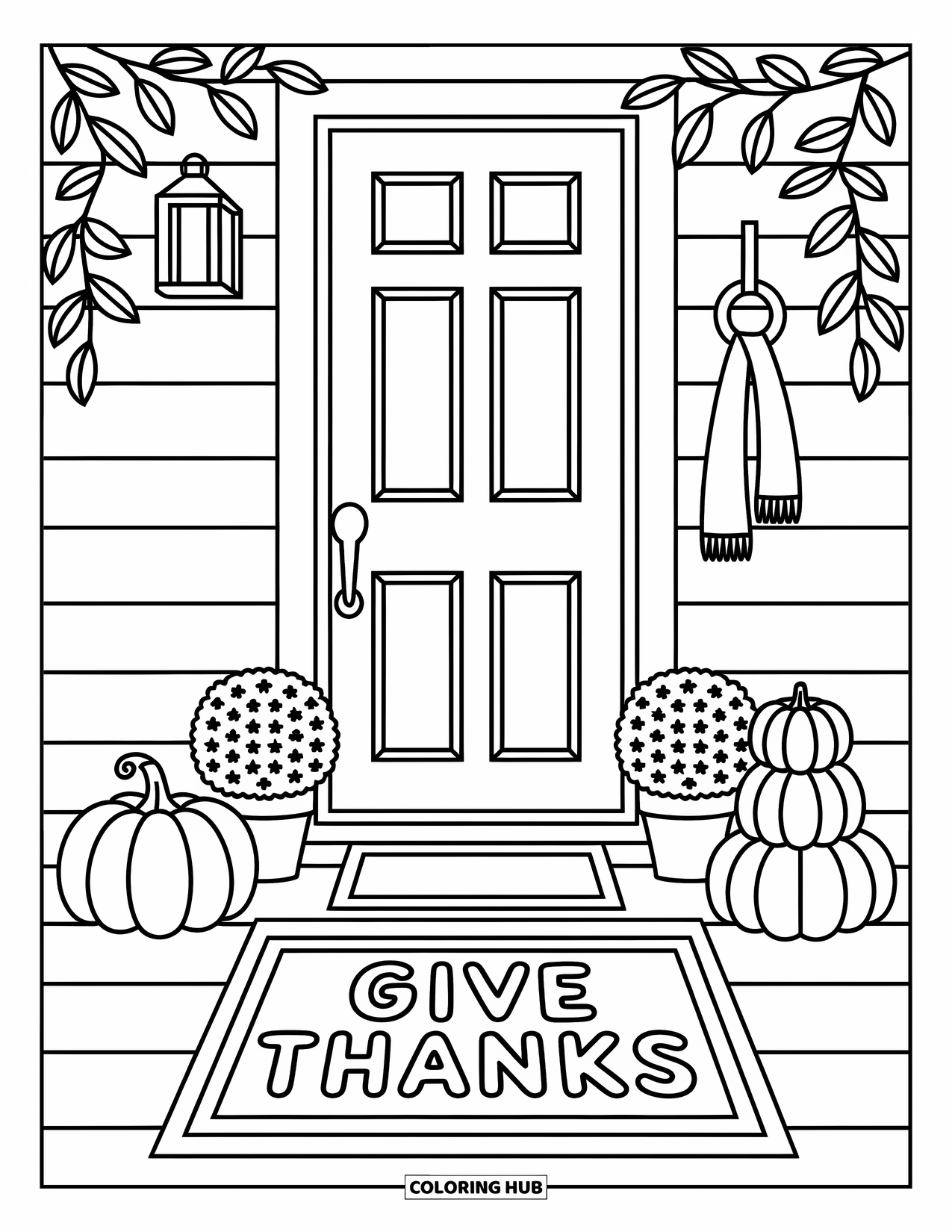 Thankful Coloring Page for Adults: A welcoming front door with stacked pumpkins and a playful "Give Thanks" message