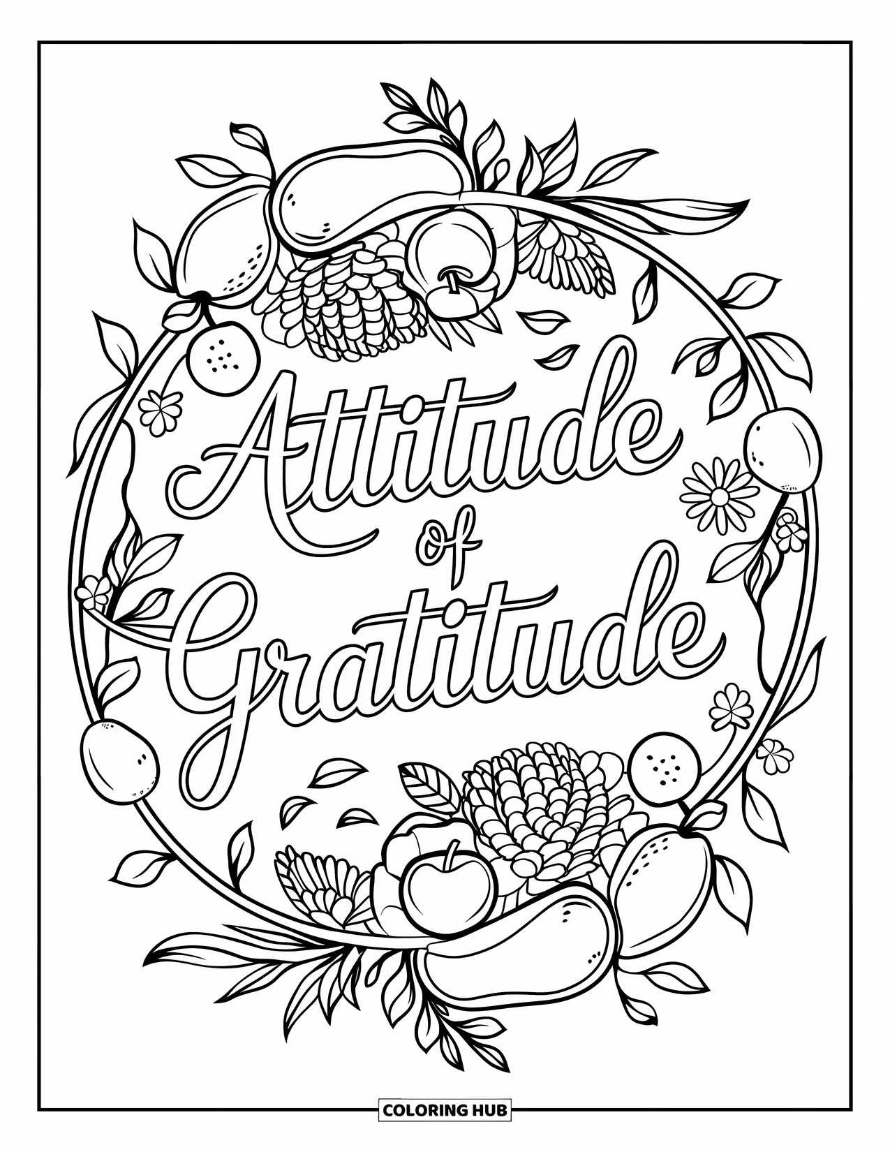 Thankful Coloring Page for Adults: "Attitude of Gratitude" blooms within layers of fruit and floral mandalas