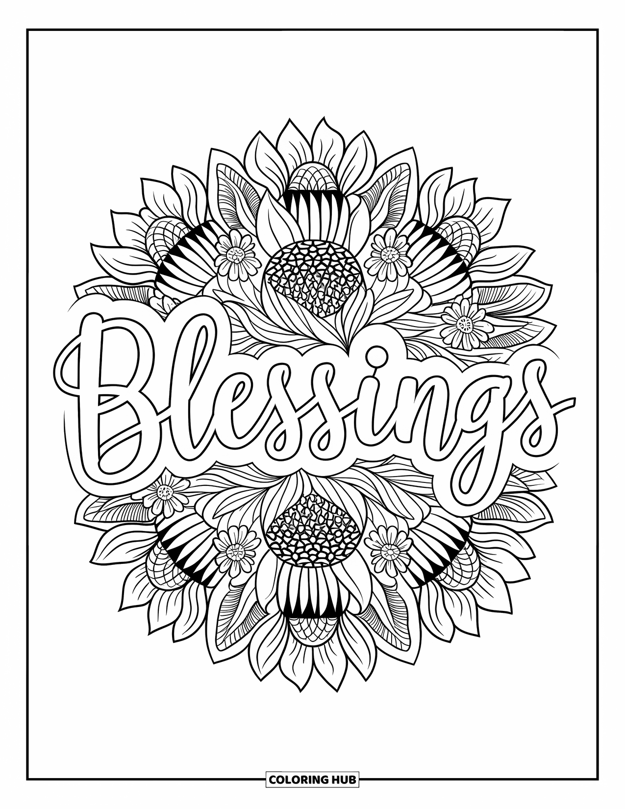 Thankful Coloring Page for Adults: "Blessings" rests in a sunflower and thistle mandala filled with fine details