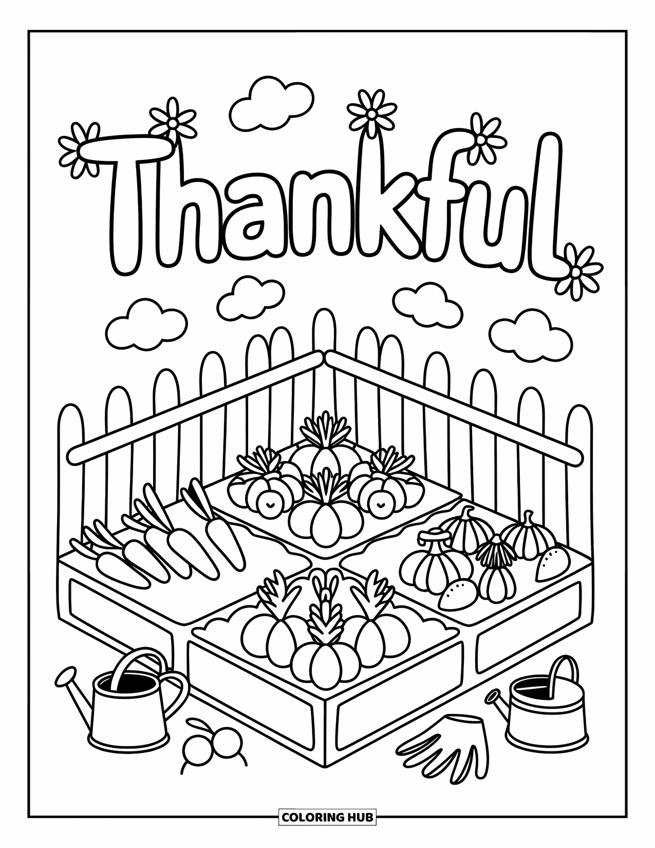 Thankful Coloring Page for Adults: Carrots, pumpkins, and radishes grow beneath a garden sign that says "Thankful"
