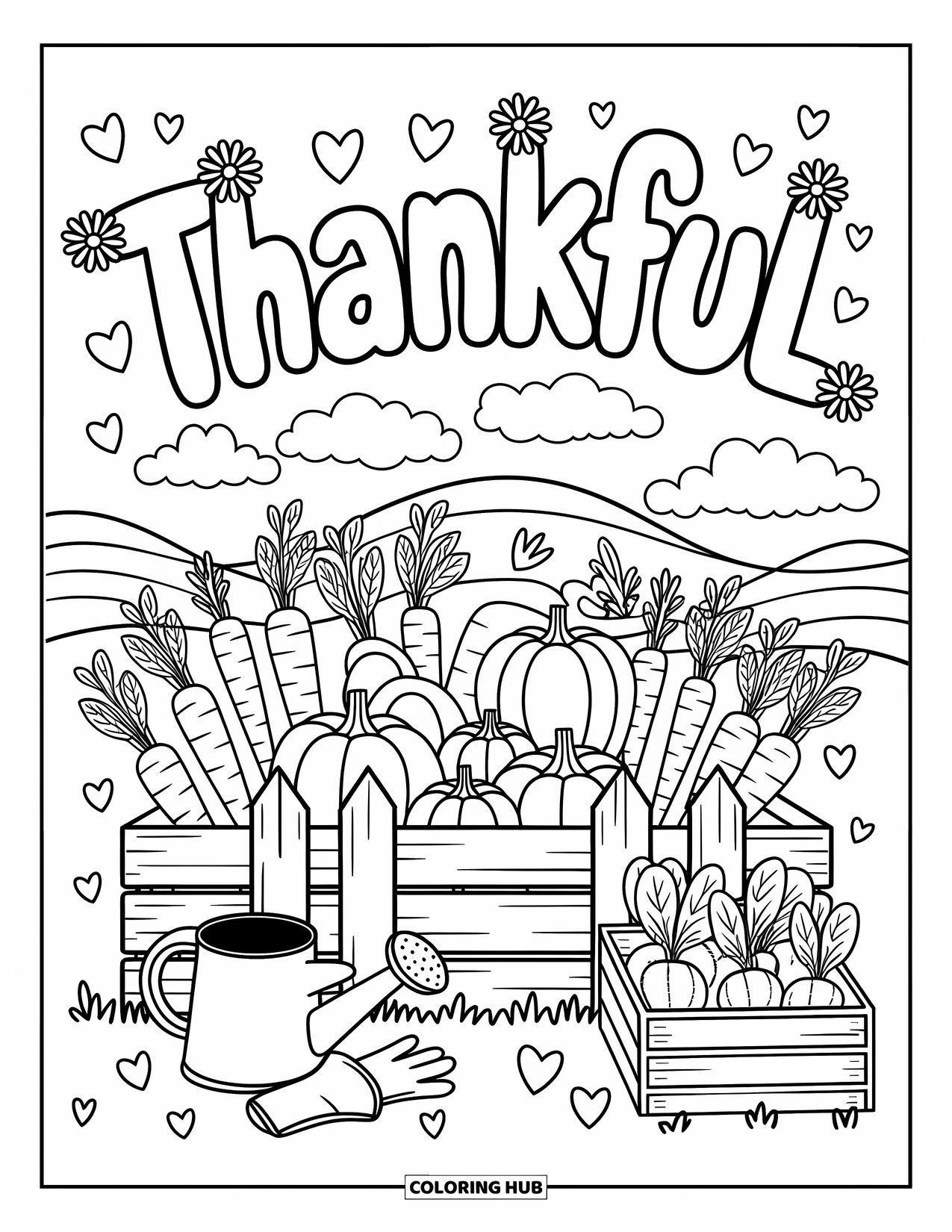 Thankful Coloring Page for Adults: Chunky "Thankful" letters bloom over a garden bed of fall vegetables and hearts