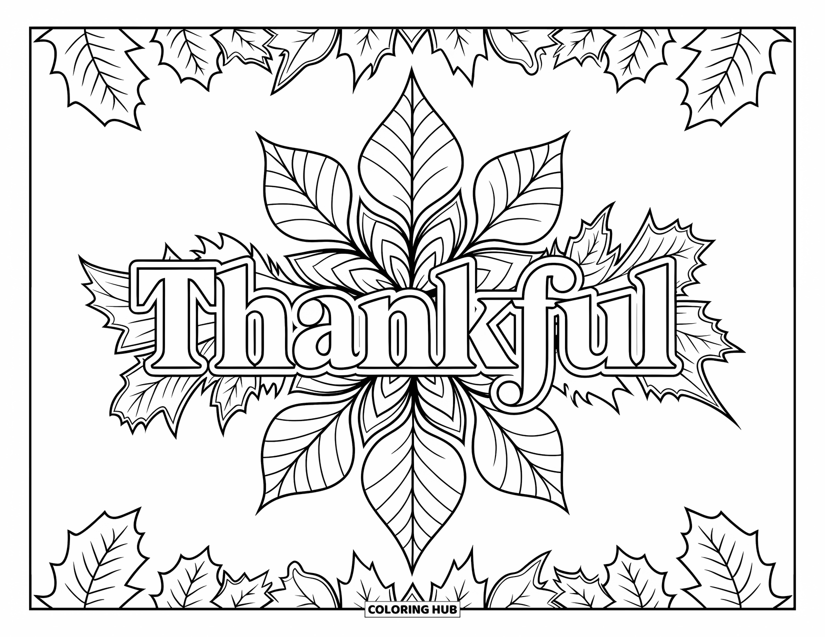 Thankful Coloring Page for Adults: Elegant "Thankful" lettering glows within a swirling leaf mandala design