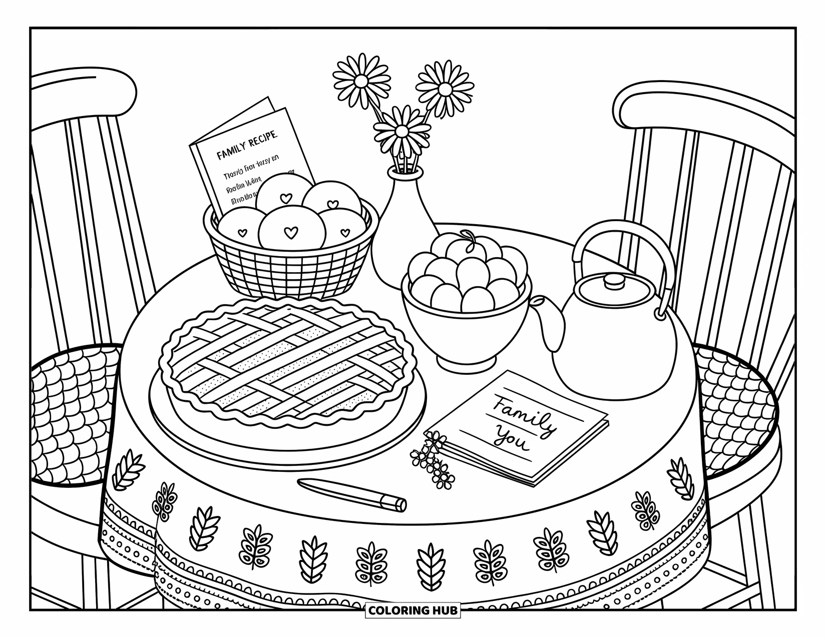 Thankful Coloring Page for Adults: Pie, fruit, and daisies fill a cute table set for a thankful fall moment