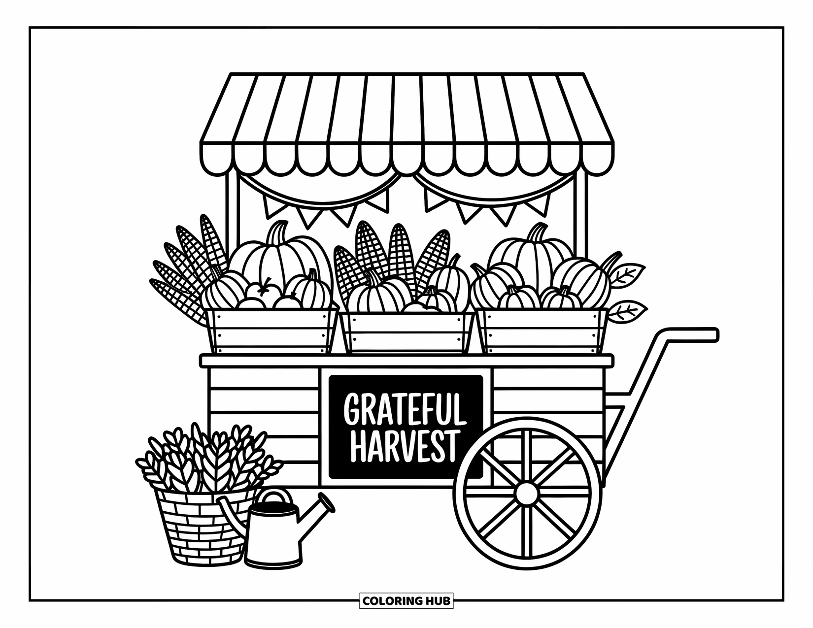 Thankful Coloring Page for Adults: Pumpkins, squash, and apples line a festive farm cart marked "Grateful Harvest"