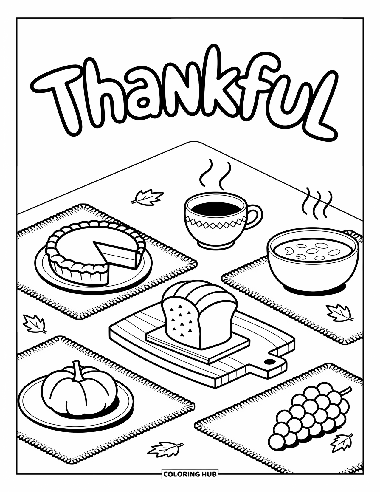 Thankful Coloring Page for Adults: "Thankful" floats above a table full of pie, soup, bread, and tiny fall treats