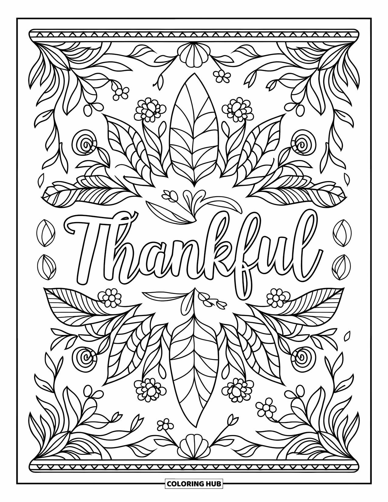 Thankful Coloring Page for Adults: "Thankful" is written inside a leafy, detailed botanical mandala