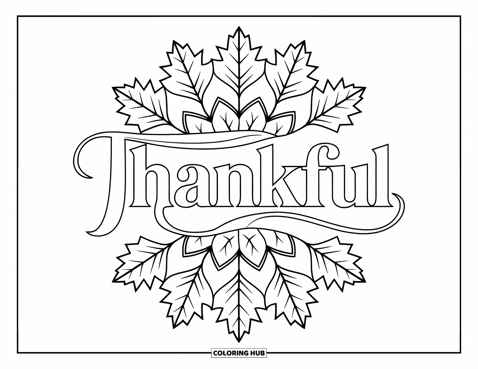 Thankful Coloring Page for Adults: "Thankful" sits at the center of a leaf-filled maple and oak mandala