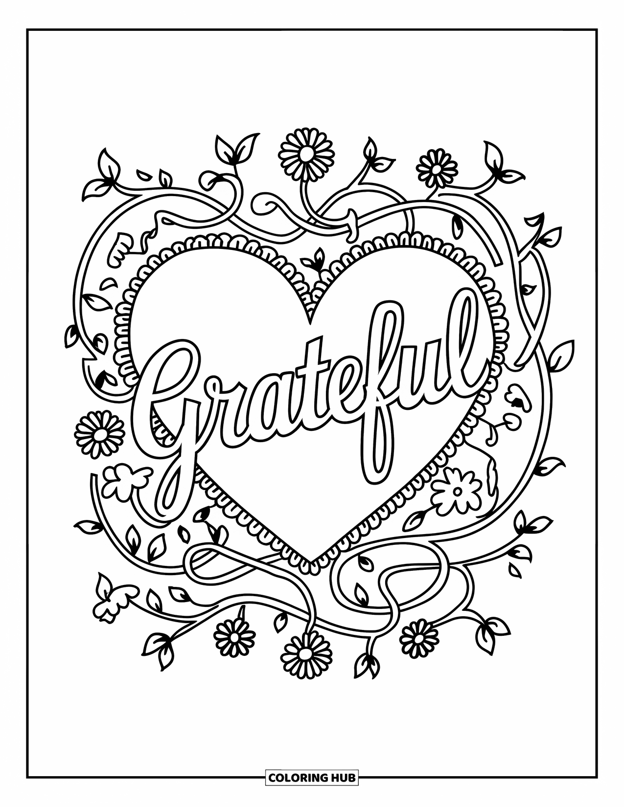 Thankful Coloring Page for Adults: Twisting vines and floral accents surround a heart marked with "Grateful"