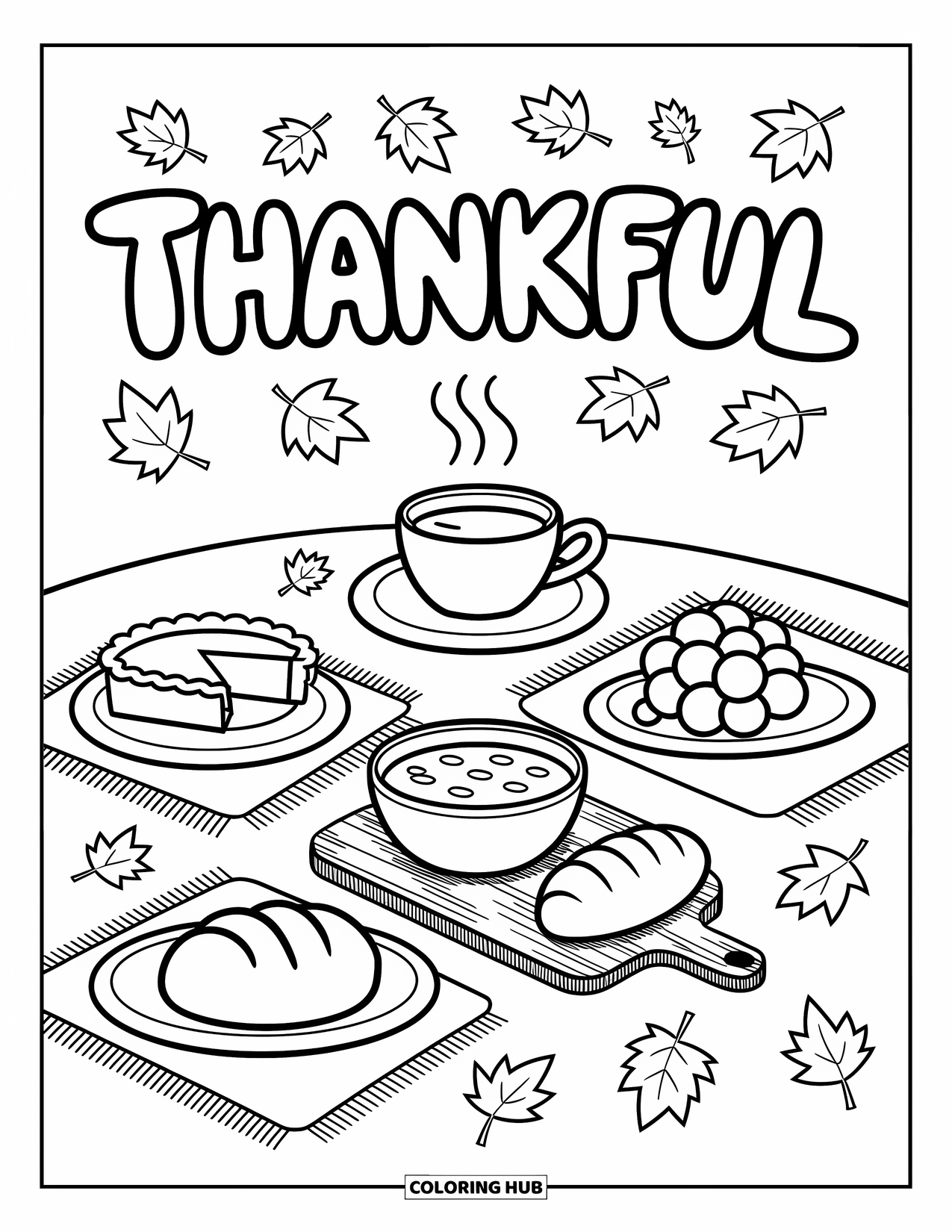 Thankful Coloring Page for Adults: Warm fall treats and a cute "Thankful" sign bring comfort to a happy table