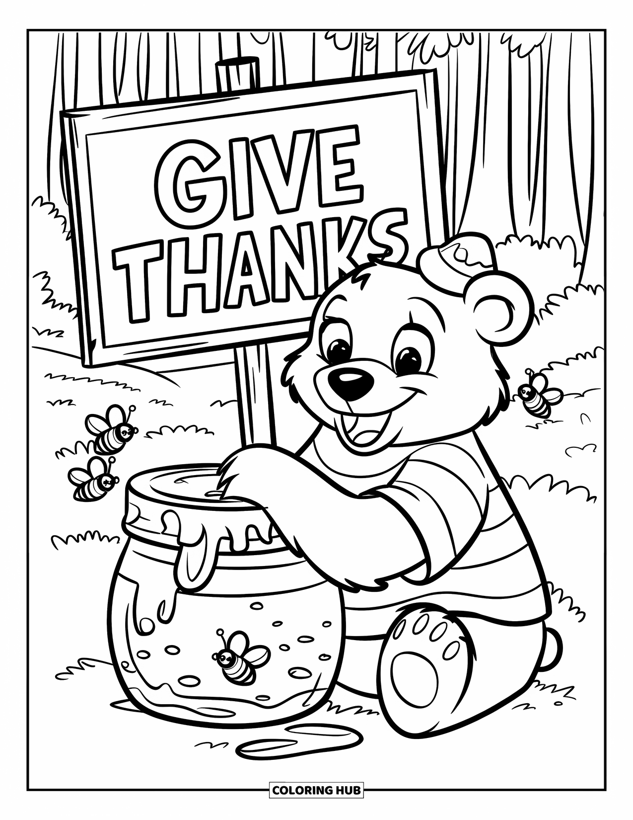 Thankful Coloring Page for Kids: A cheerful bear with a striped shirt and honey sits near "Give Thanks"