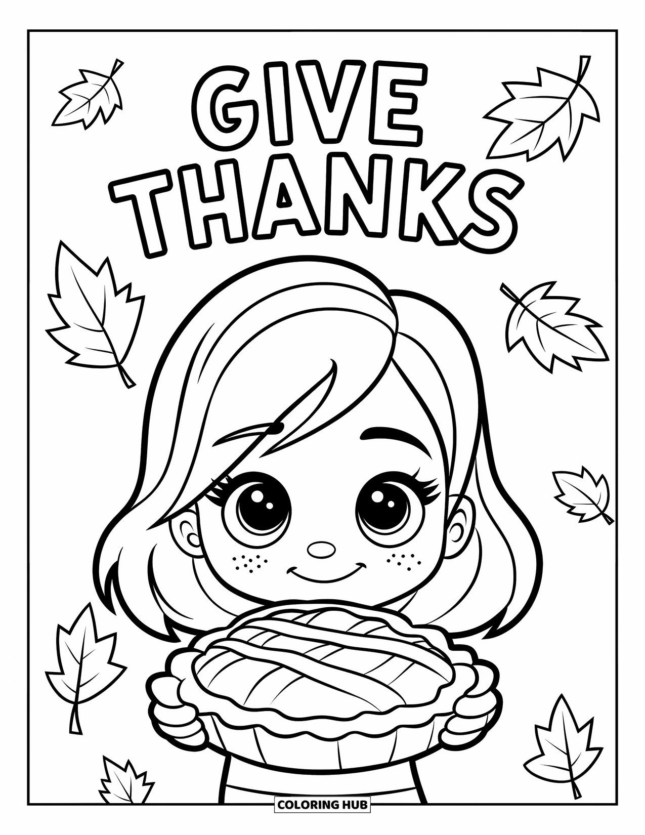 Thankful Coloring Page for Kids: A cheerful girl holds a pie with "Give Thanks" above her