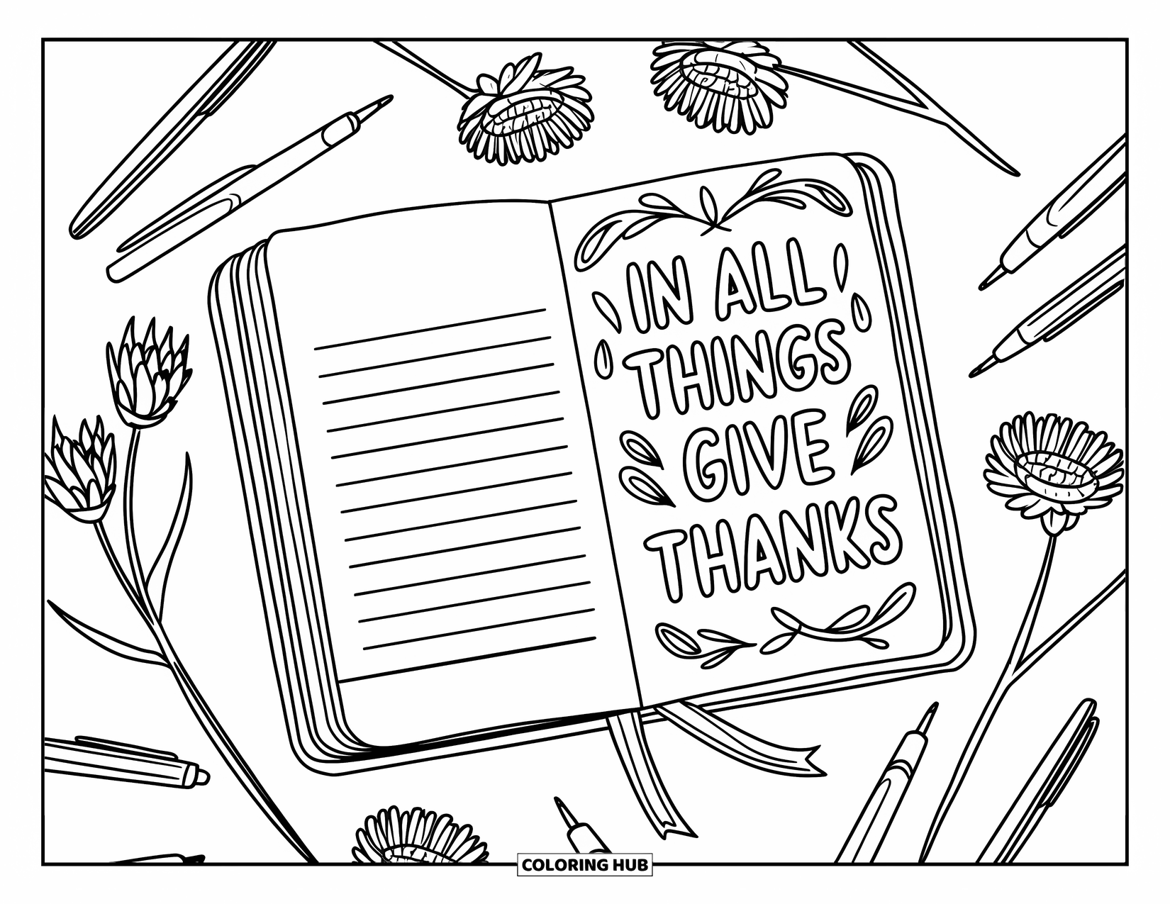 Thankful Coloring Page for Kids: A cozy journal page reads "In All Things Give Thanks," surrounded by pens and flowers