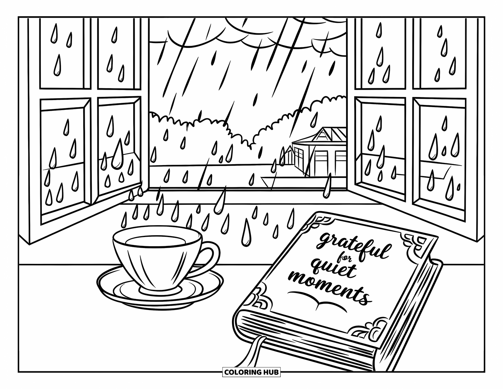 Thankful Coloring Page for Kids: A cozy reading nook by the window with "Grateful for Quiet Moments" on the book