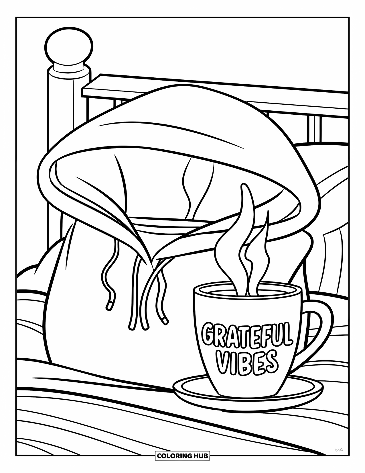 Thankful Coloring Page for Kids: A folded hoodie and warm drink with "Grateful Vibes" printed on the cup