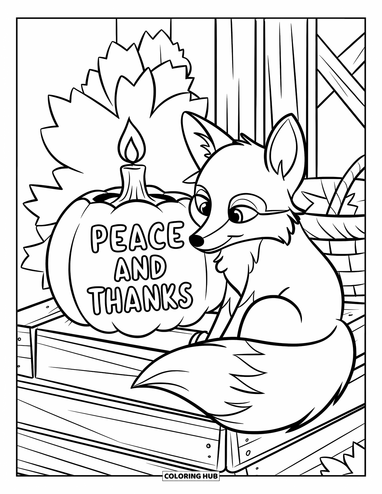 Thankful Coloring Page for Kids: A fox snuggles next to a pumpkin glowing with "Peace and Thanks"