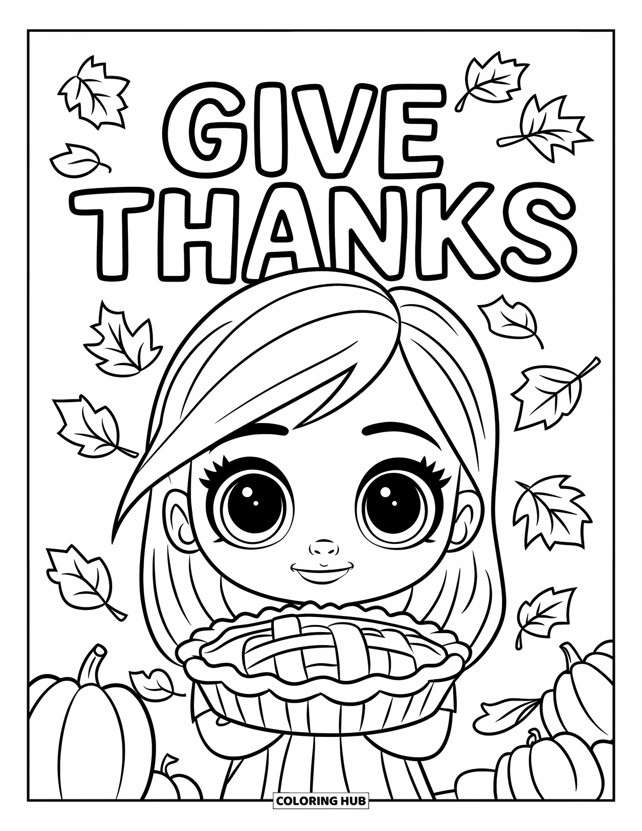 Thankful Coloring Page for Kids: A girl with big eyes and a pie stands under swirling autumn leaves
