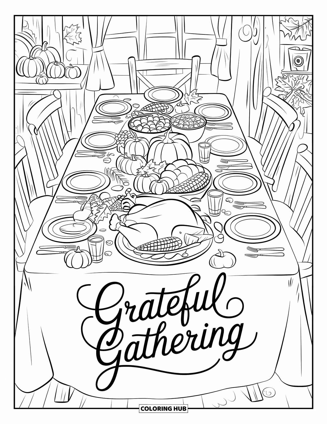 Thankful Coloring Page for Kids: A harvest table from above glows with food and the words "Grateful Gathering"