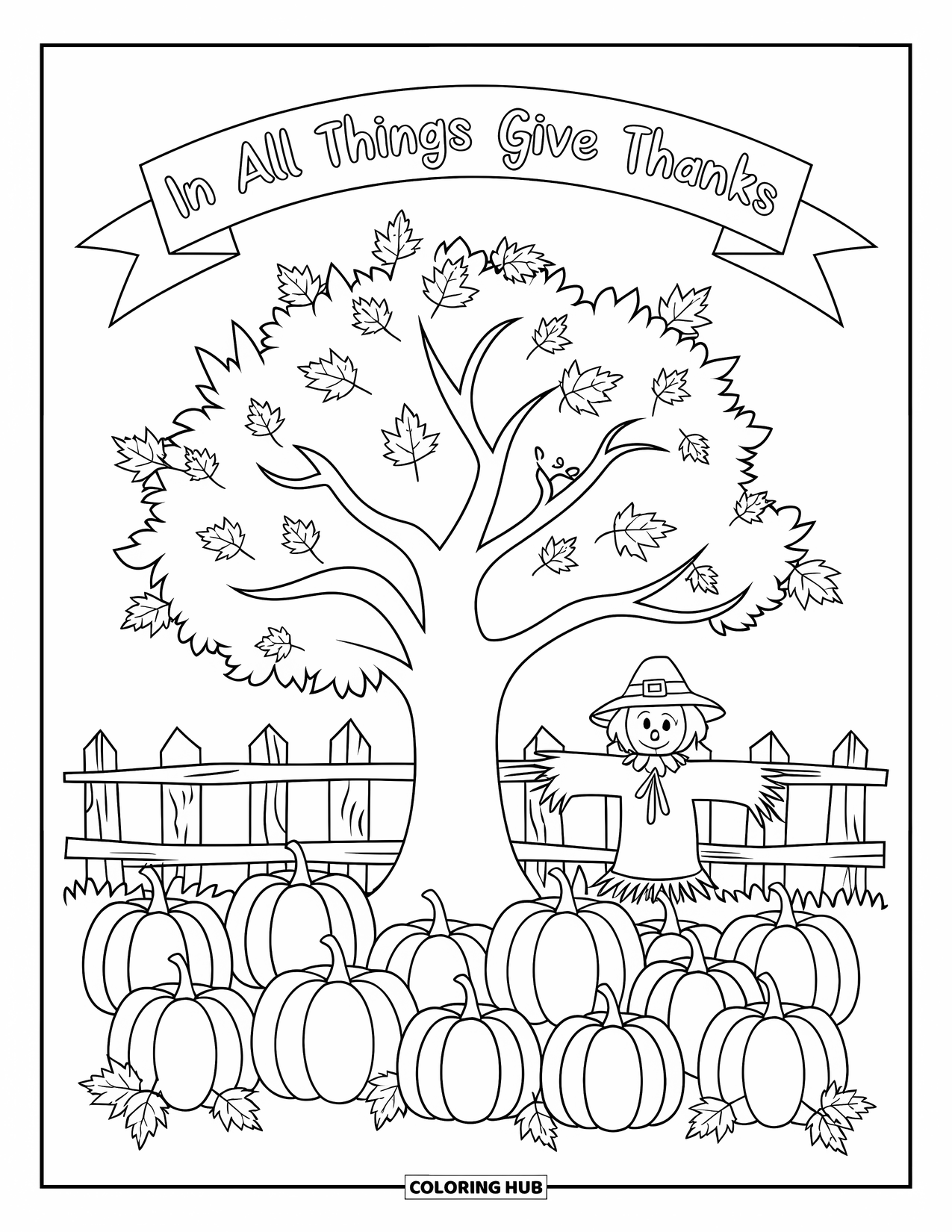 Thankful Coloring Page for Kids: A leafless tree and scarecrow rest beneath "In All Things Give Thanks"