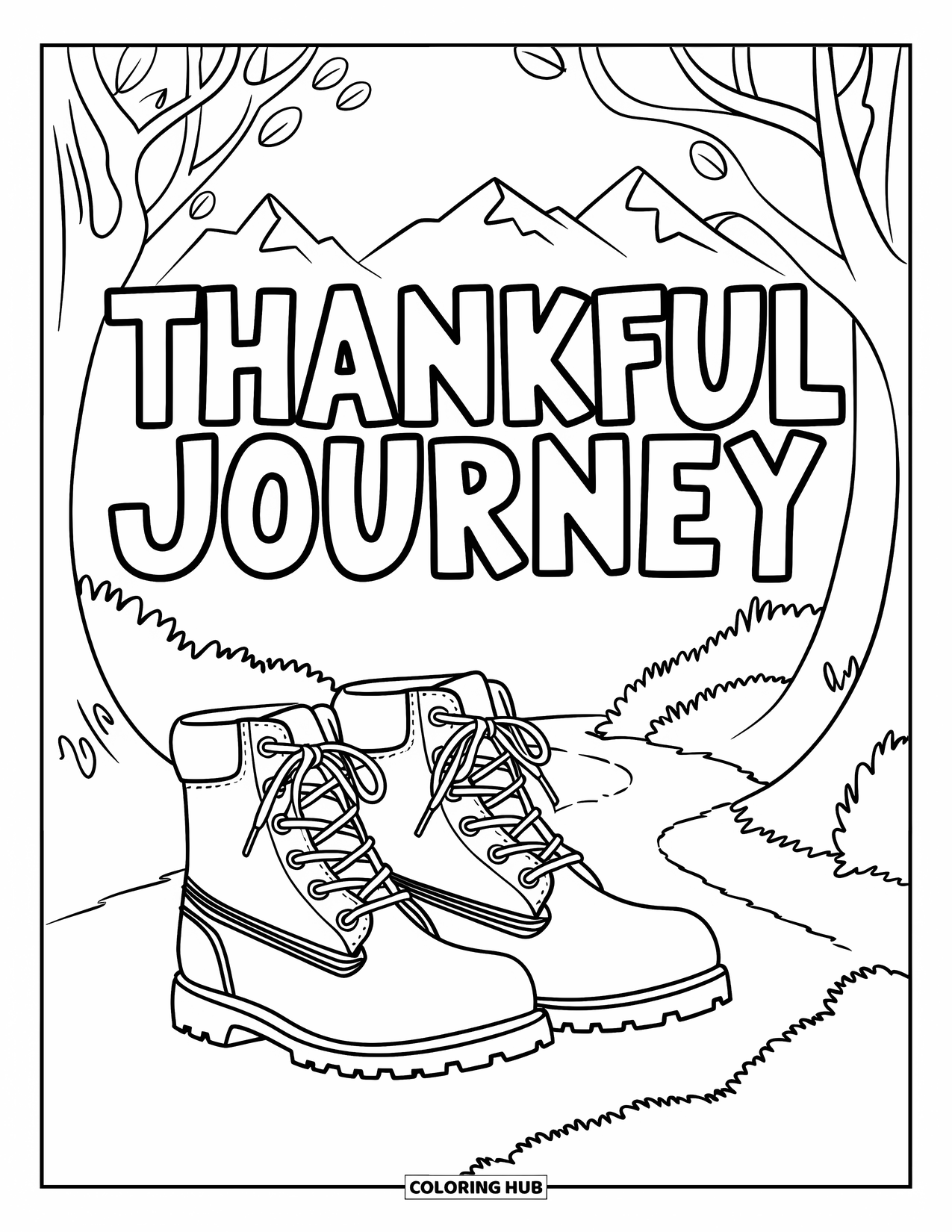 Thankful Coloring Page for Kids: A pair of boots stand on a forest path with the words "Thankful Journey"
