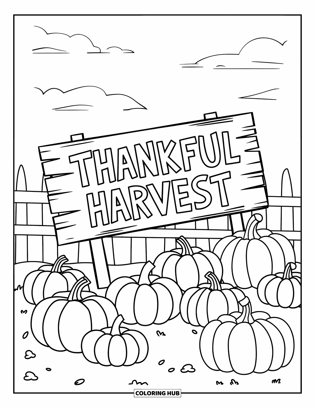 Thankful Coloring Page for Kids: A pumpkin patch surrounds a wooden sign marked "Thankful Harvest"