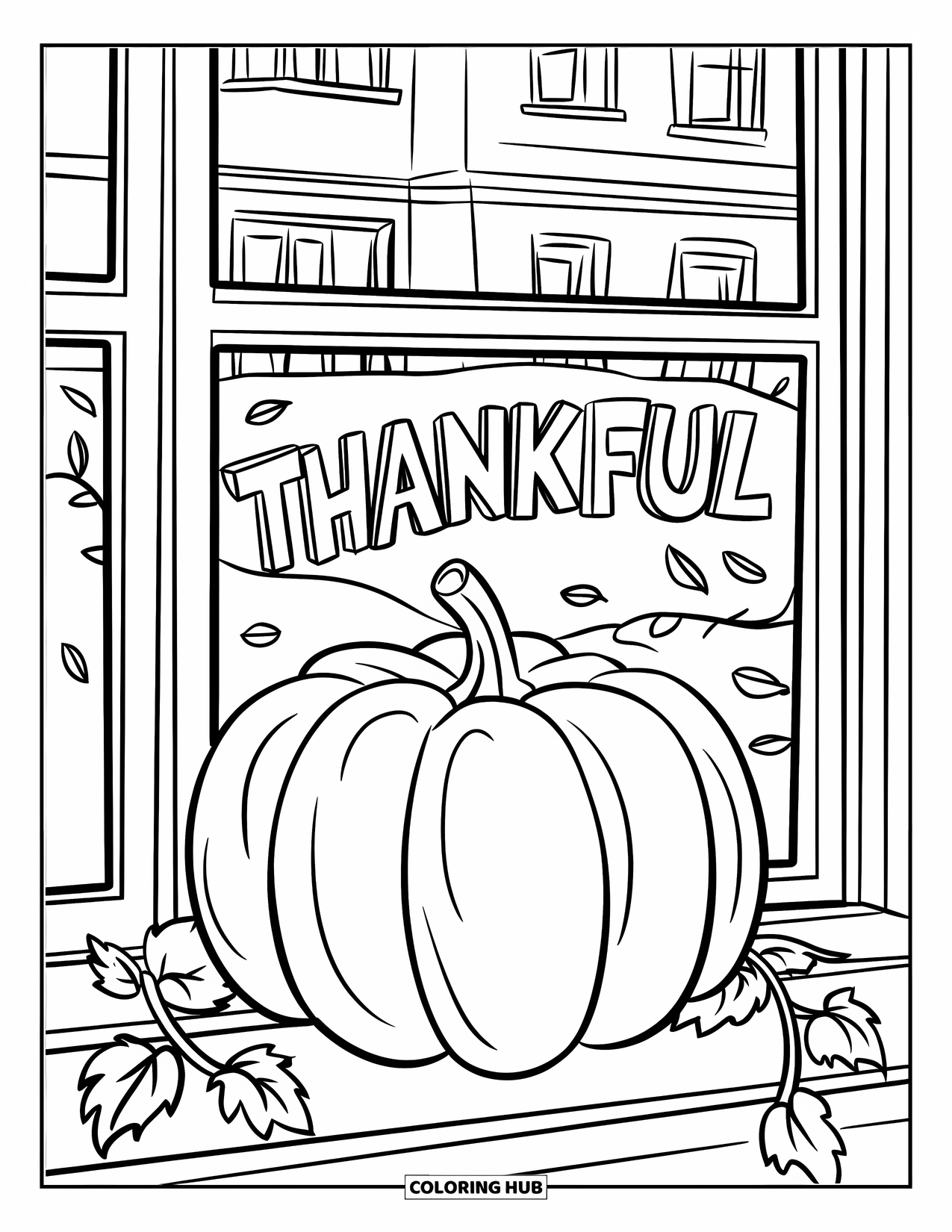 Thankful Coloring Page for Kids: A pumpkin sits on a windowsill with "Thankful" written on the glass
