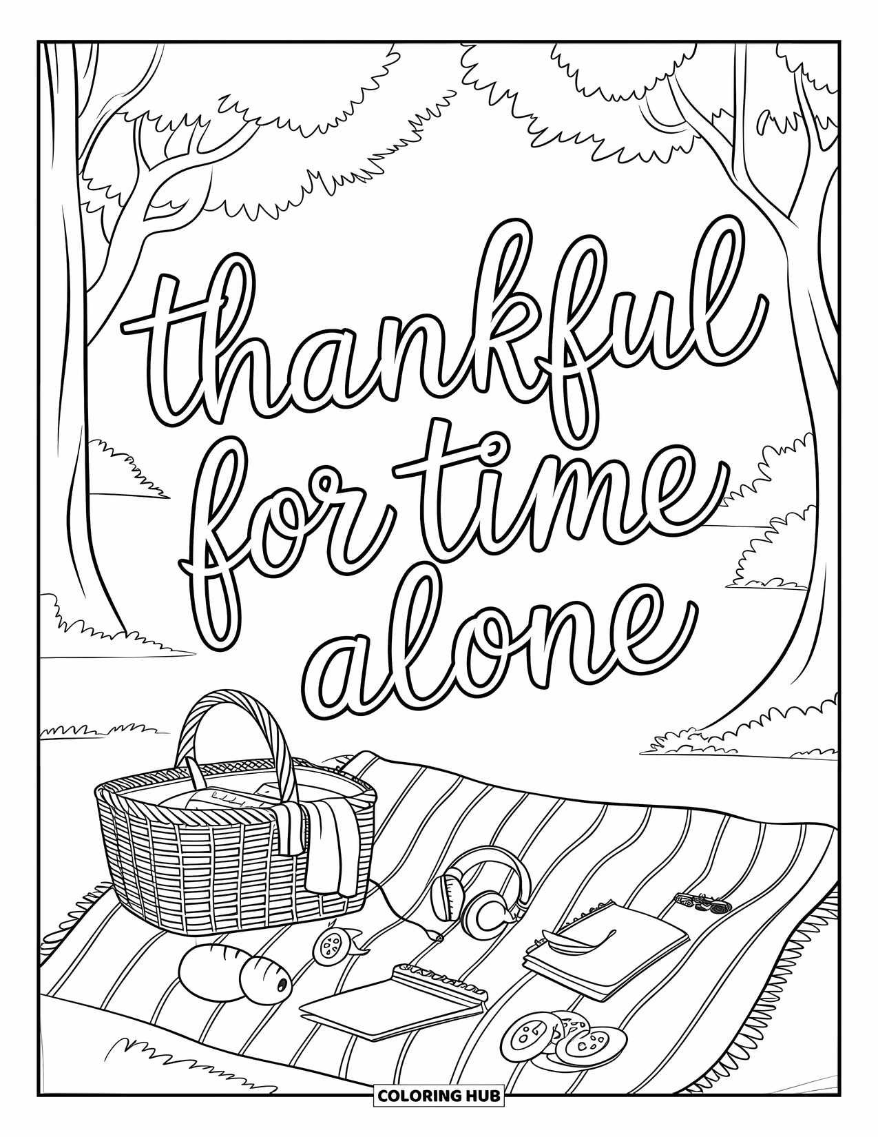 Thankful Coloring Page for Kids: A quiet picnic scene with snacks and the phrase "Thankful for Time Alone"