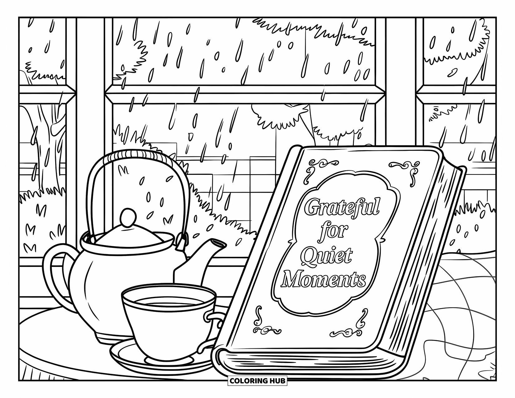 Thankful Coloring Page for Kids: A rainy window and a warm tea scene feature the words "Grateful for Quiet Moments"