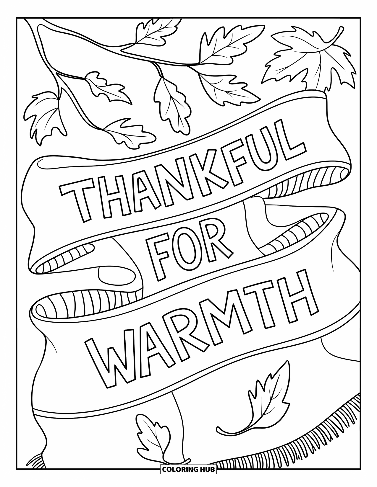 Thankful Coloring Page for Kids: A scarf and leaves rest together with "Thankful for Warmth" gently displayed