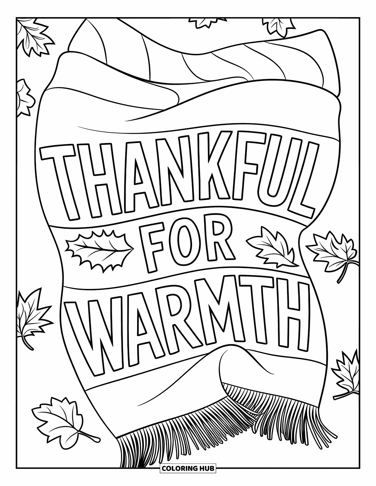 Thankful Coloring Page for Kids: A scarf drapes over autumn leaves with "Thankful for Warmth" written on it