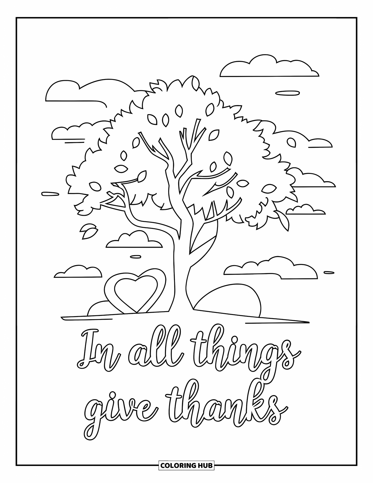 Thankful Coloring Page for Kids: A simple tree scene holds the message "In All Things Give Thanks"