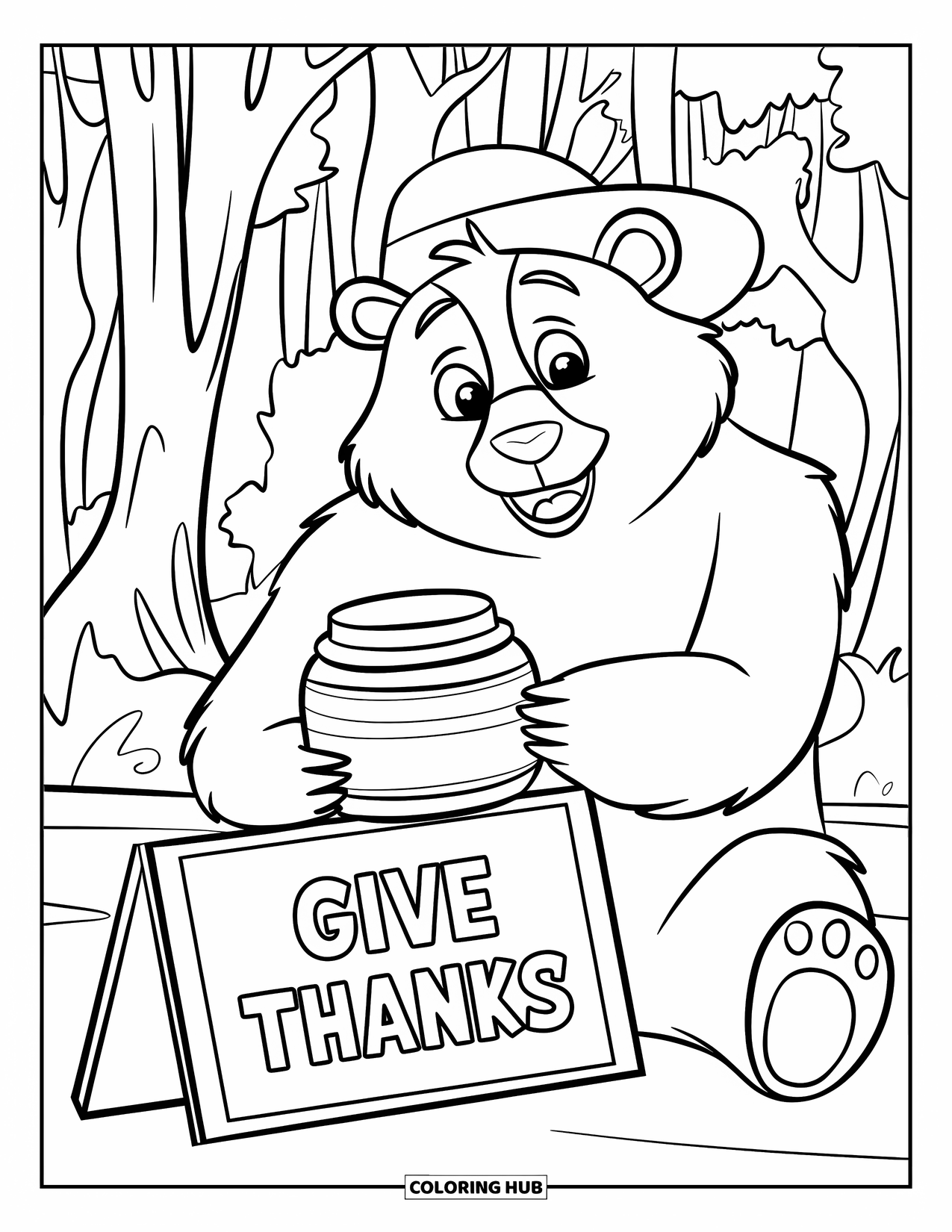 Thankful Coloring Page for Kids: A sweet bear with a jar of honey sits beside a "Give Thanks" sign