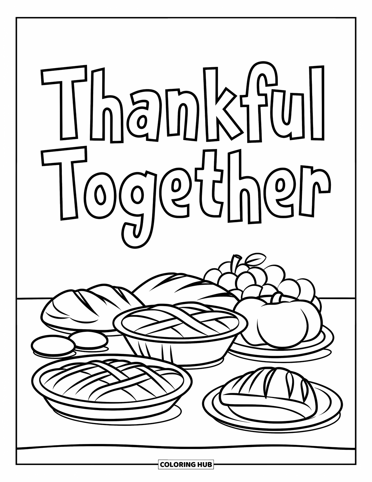 Thankful Coloring Page for Kids: A sweet feast scene is labeled with the words "Thankful Together"