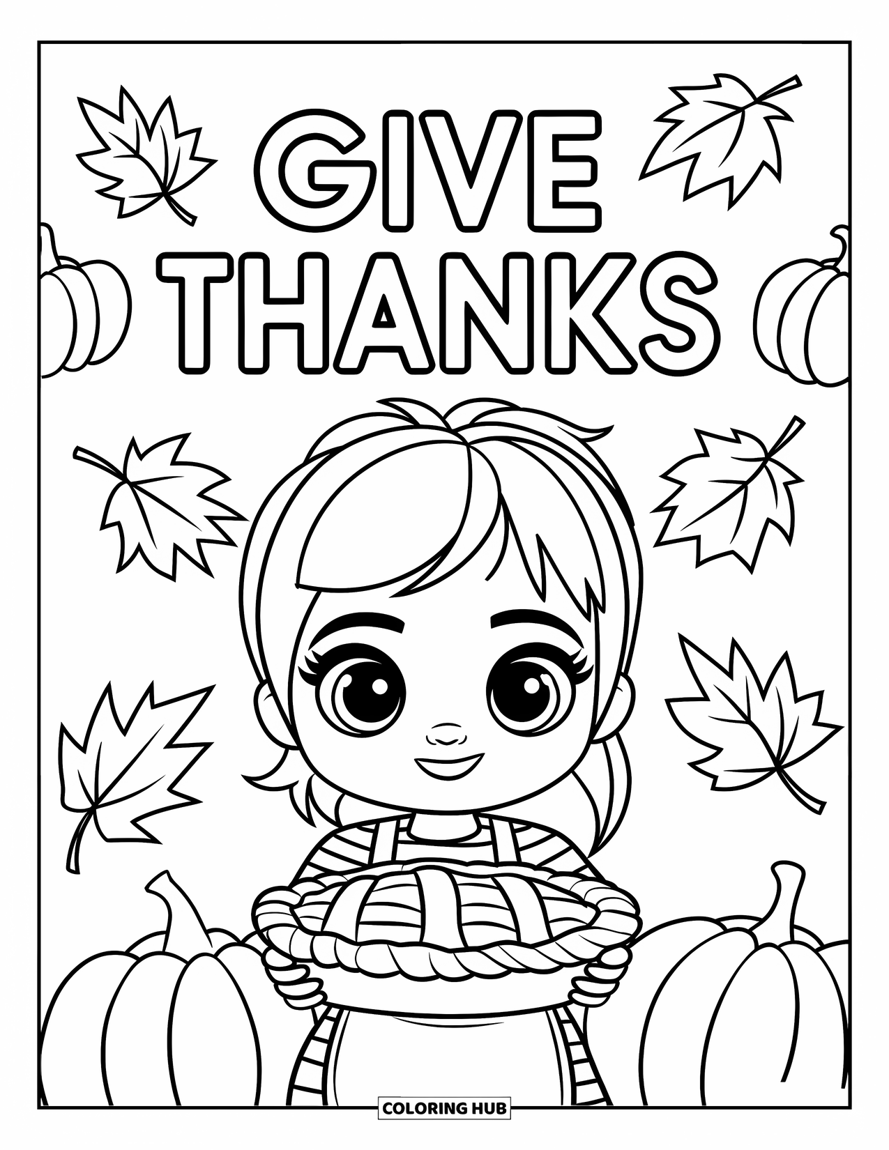 Thankful Coloring Page for Kids: A sweet girl in stripes holds a pie with the message "Give Thanks"