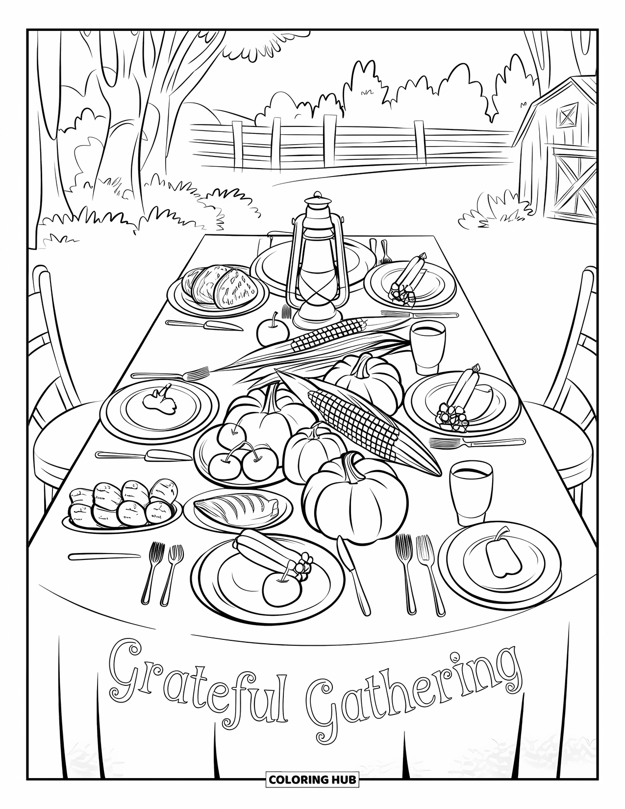 Thankful Coloring Page for Kids: A table full of fall foods rests under the phrase "Grateful Gathering"
